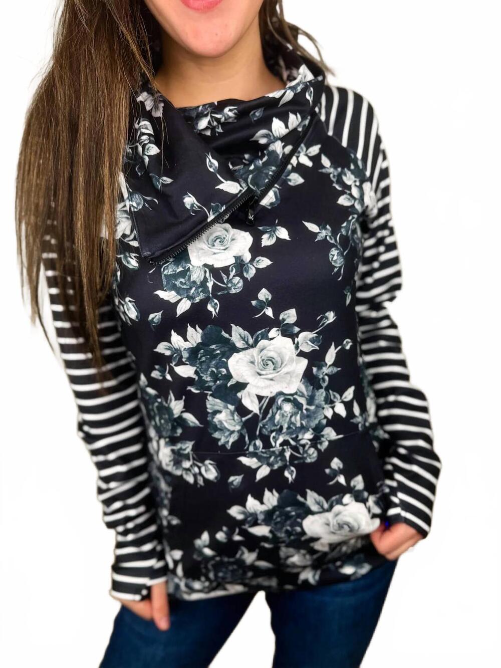 NEW MICHELLE MAE floral long sleeve cowl neck sweatshirt in black